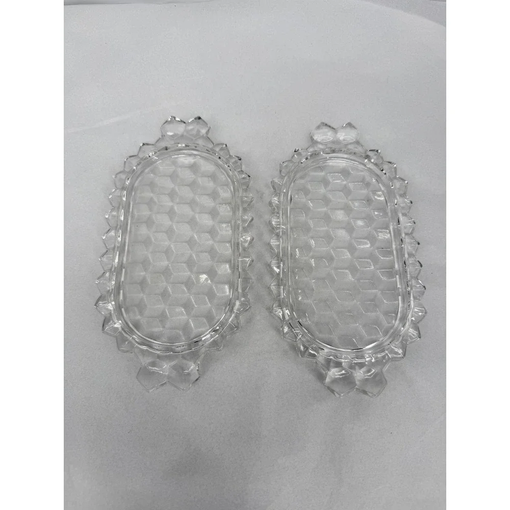 Fostoria American Glass Oval Trays Cube Pattern Clear Vintage Set of 2 Small